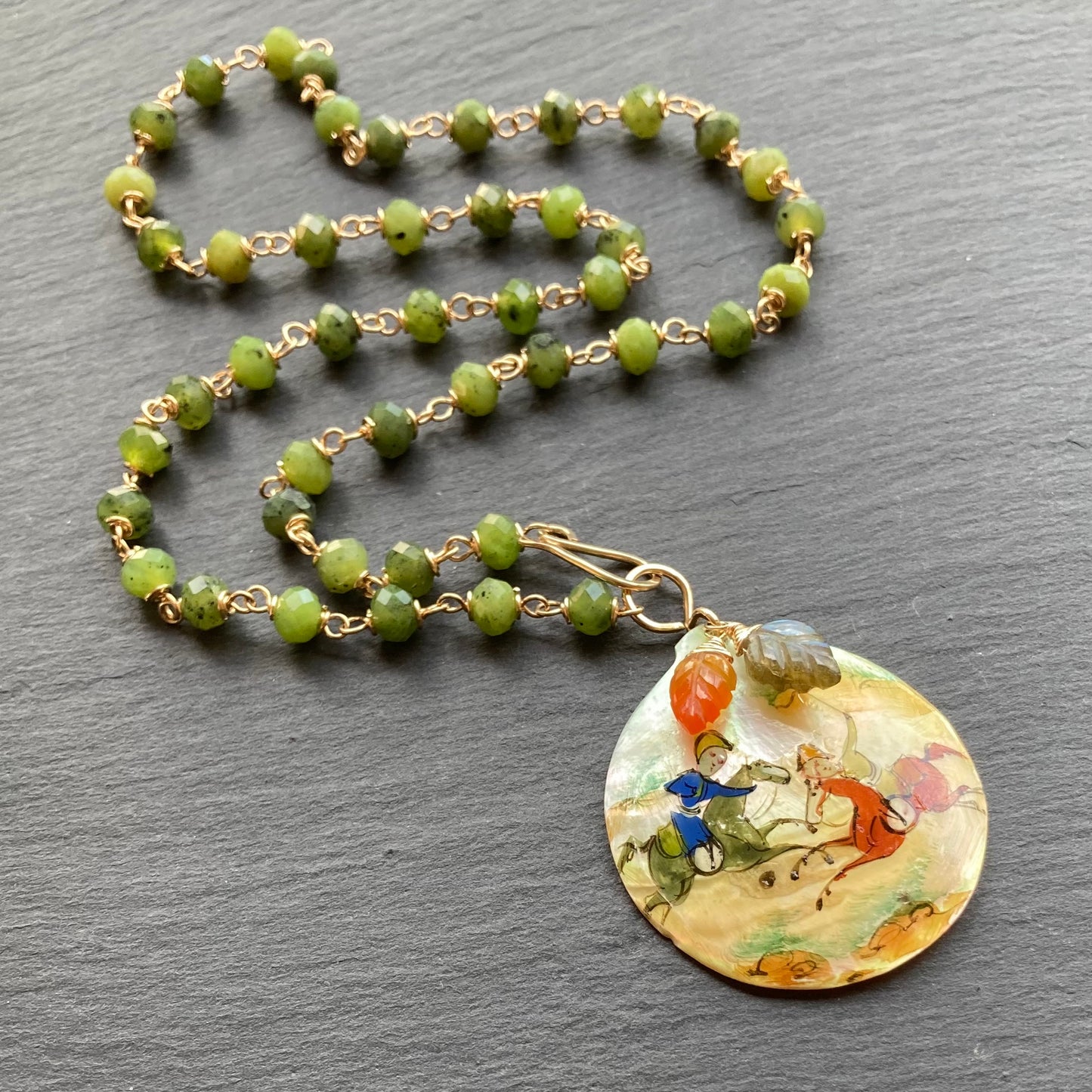 Nephrite Jade, Gold & Vintage Mother of Pearl Pendant Necklace