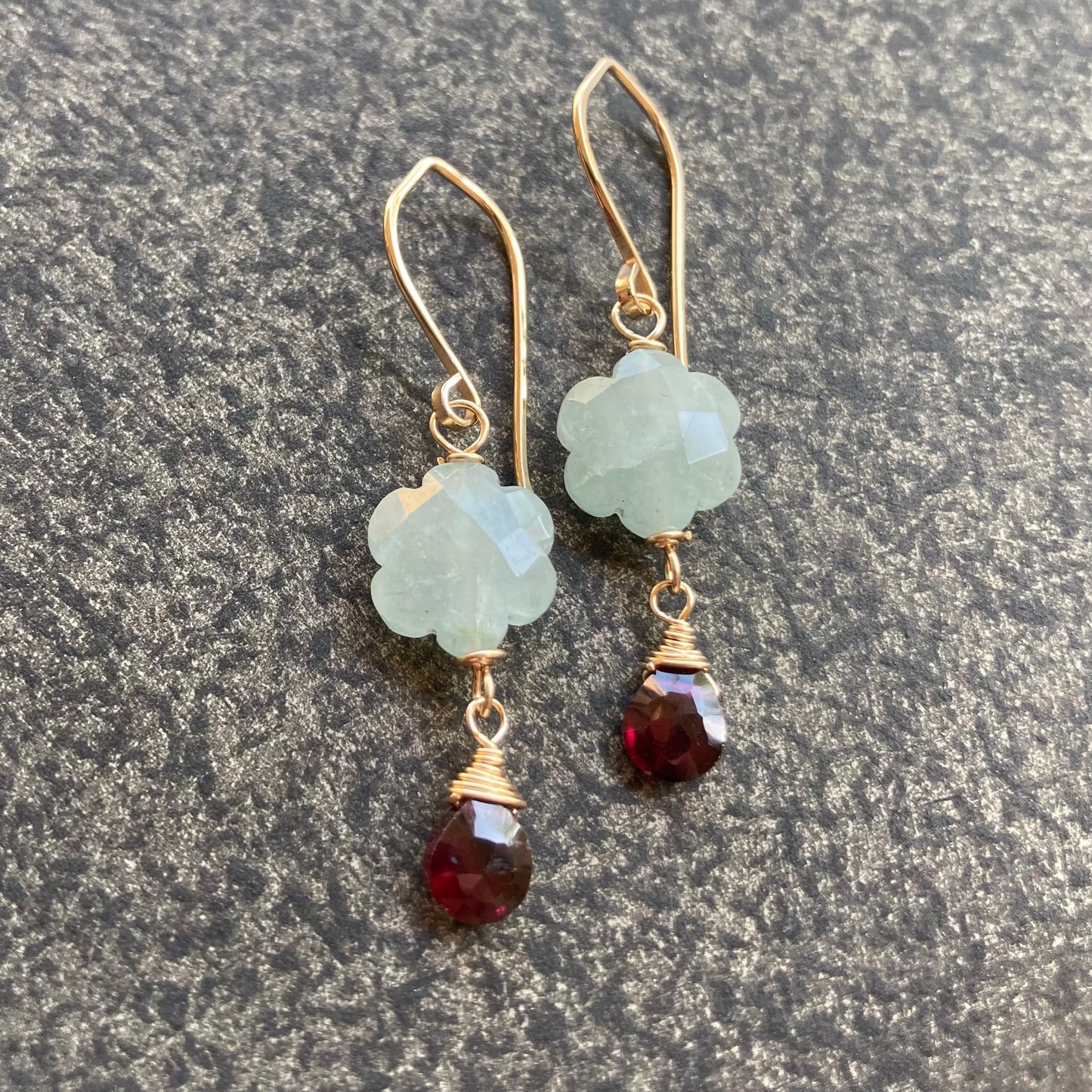 Aquamarine, Rhodolite Garnet & Gold Flower Drop Earrings