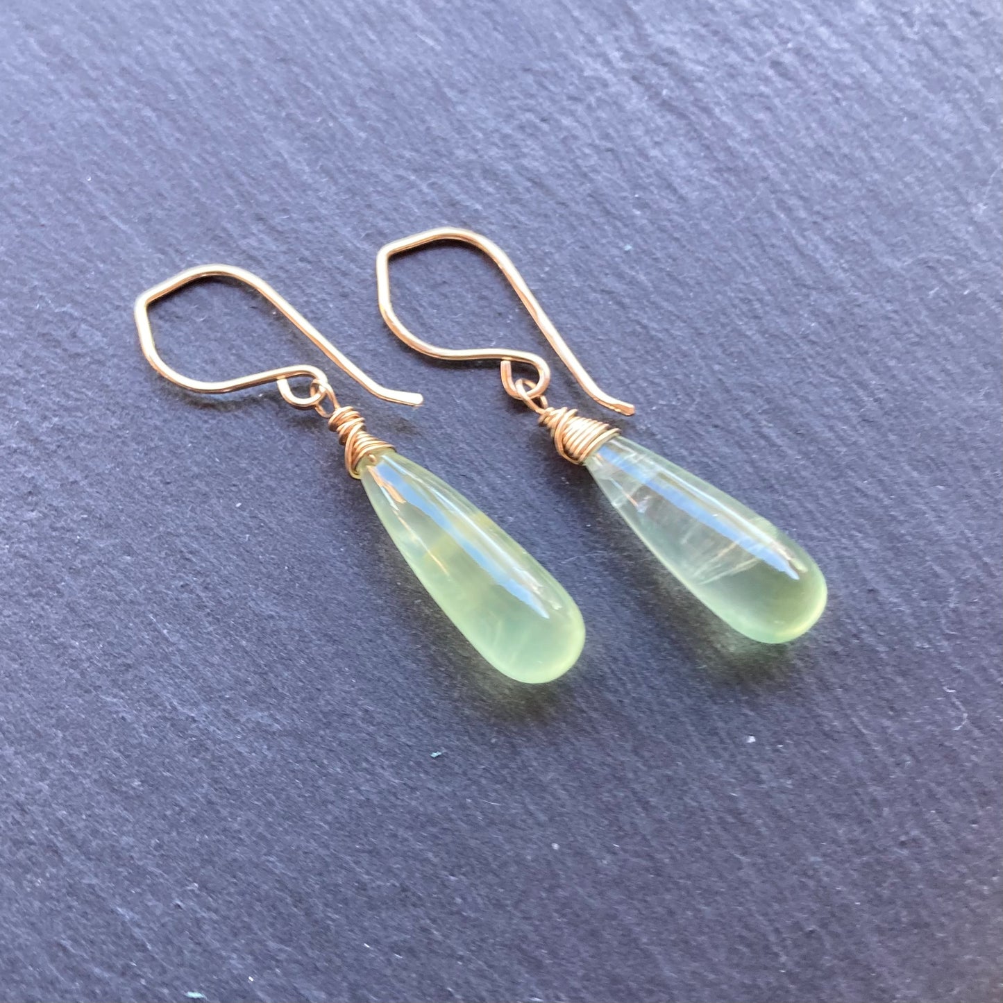 Prehnite & Gold Long Drop Earrings