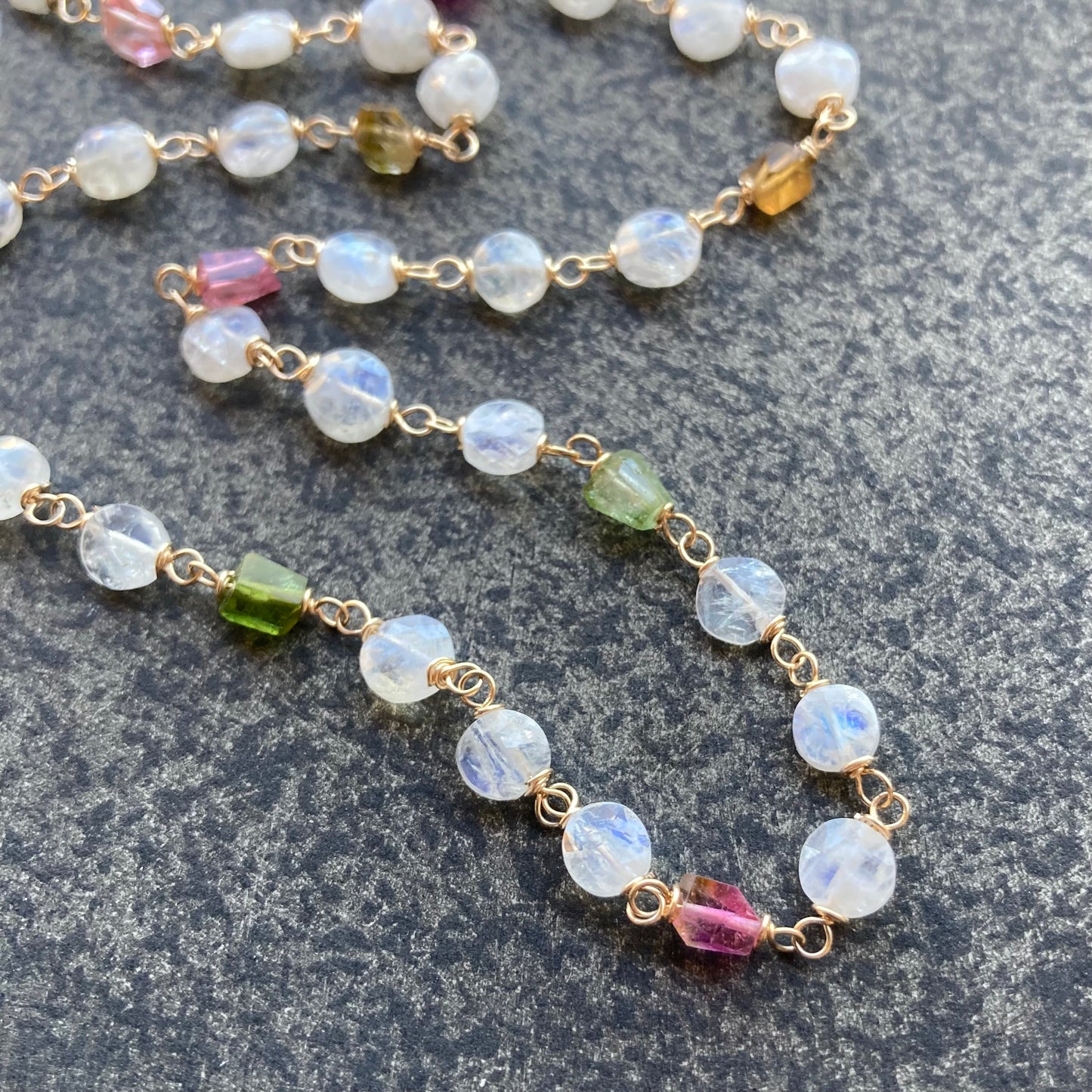 Rainbow Moonstone, Tourmaline & Gold Necklace