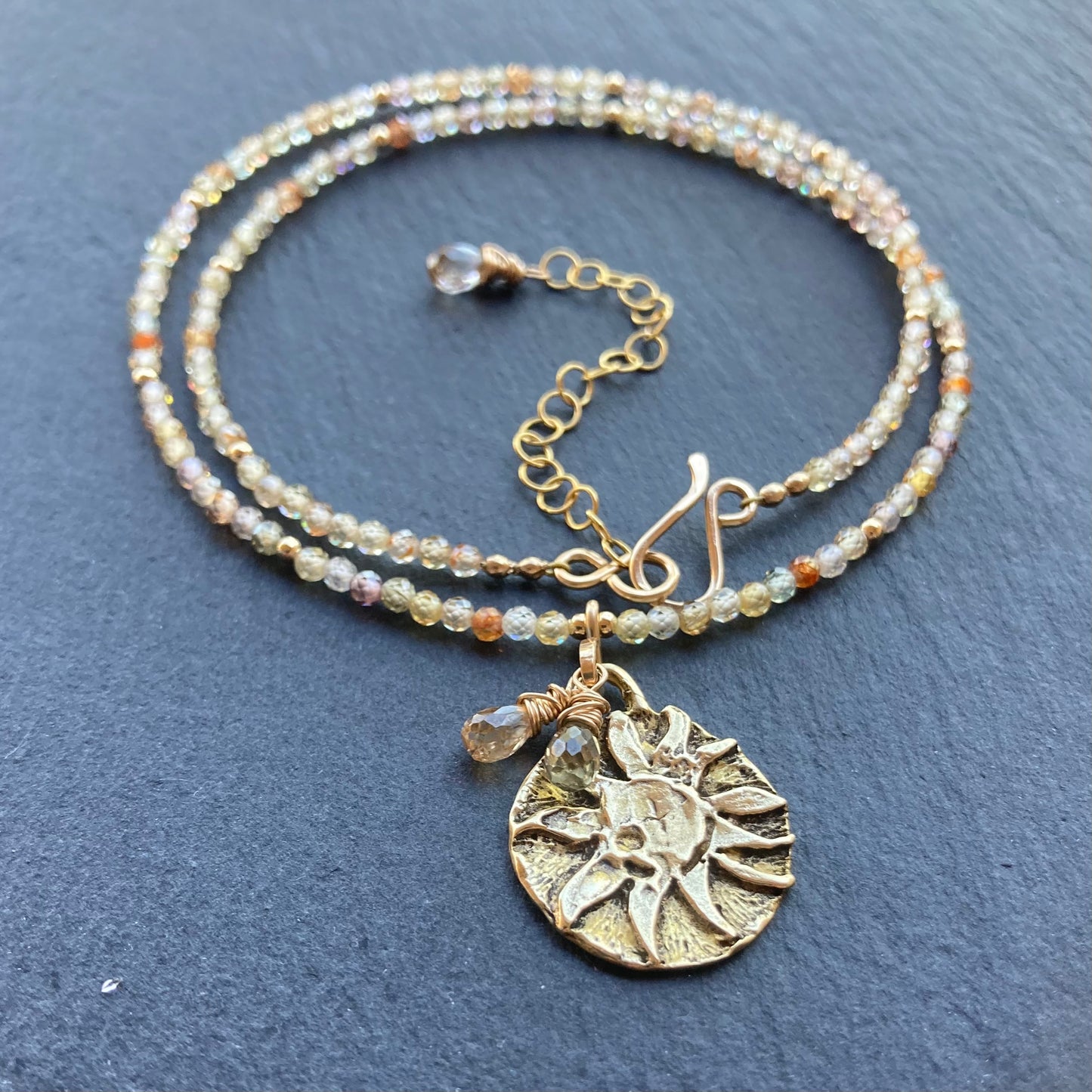 Natural Zircon, Gold & Bronze Sun Coin Choker