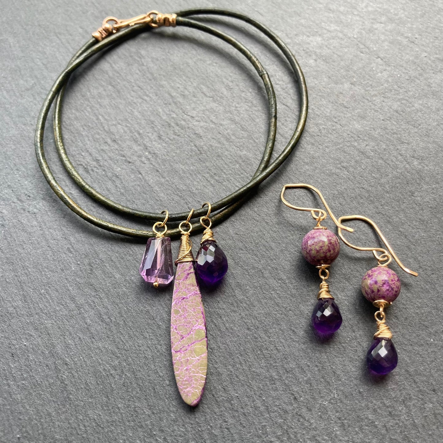 Atlantisite Stichtite, Amethyst & Gold Leather Choker