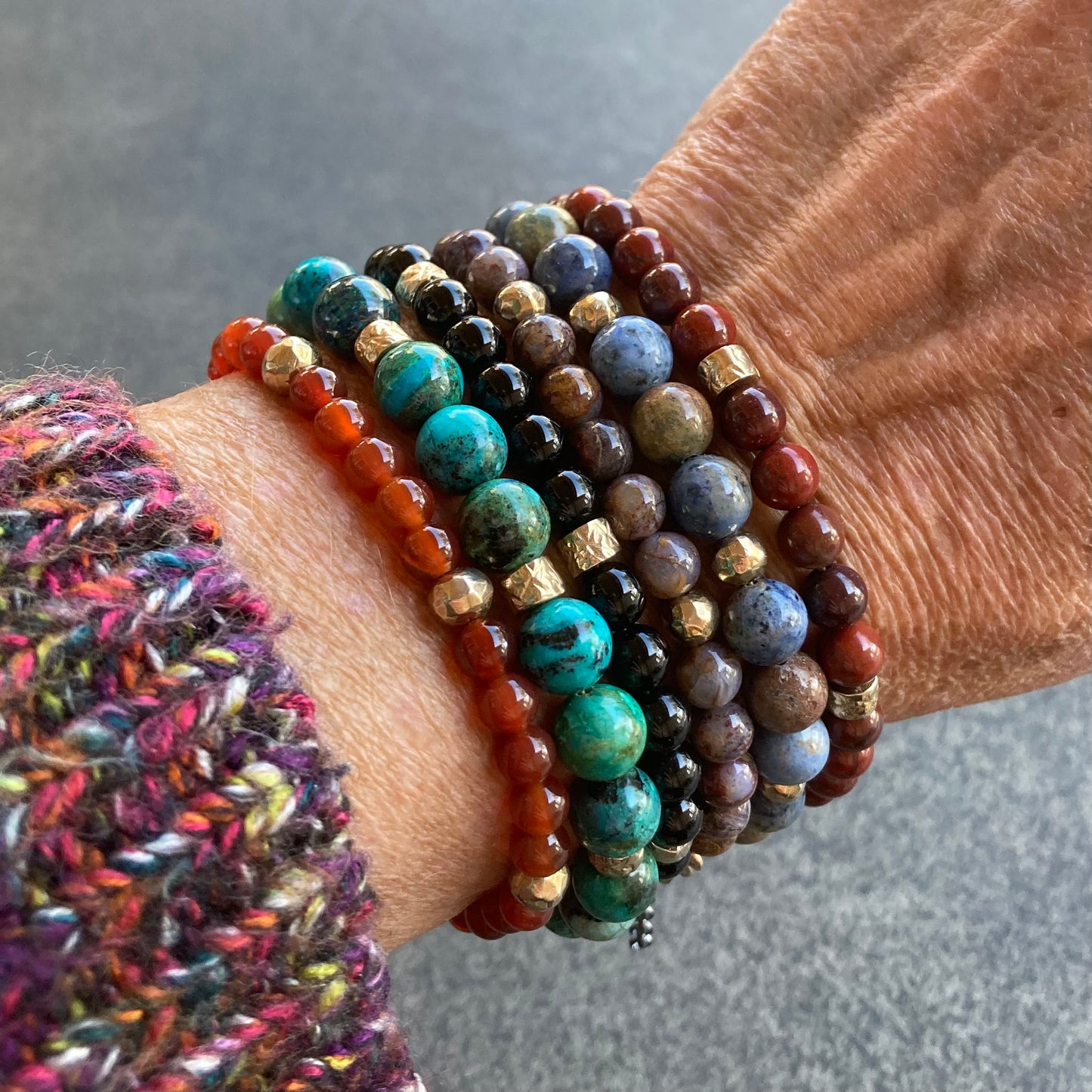 Men’s/Unisex Apple Jasper & Artisan Bronze Bead Mixed Metal Bracelet