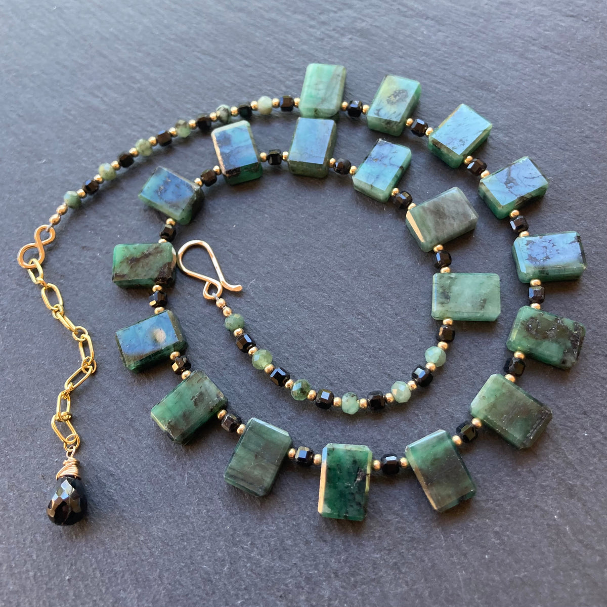 Natural Emerald, Black Tourmaline & Gold Collar