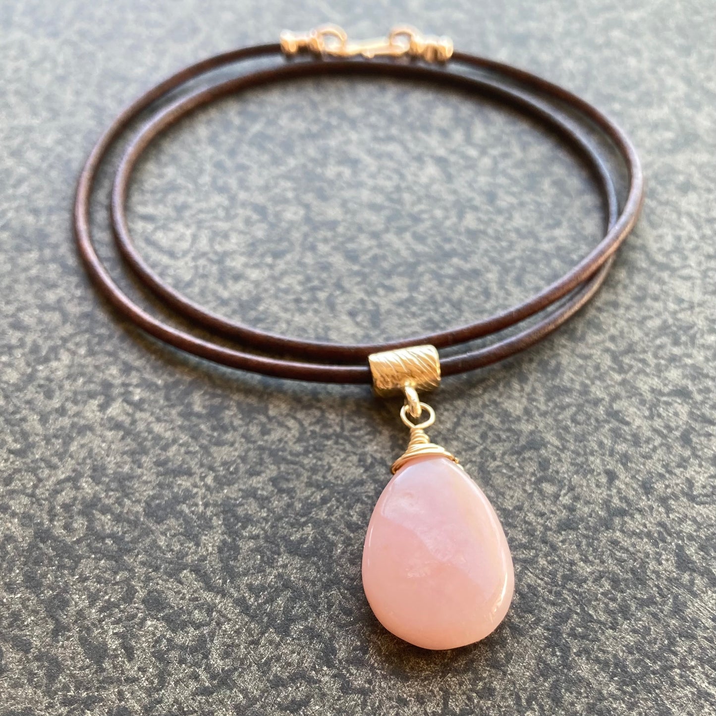 Pink Peruvian Opal & Bronze Leather Choker