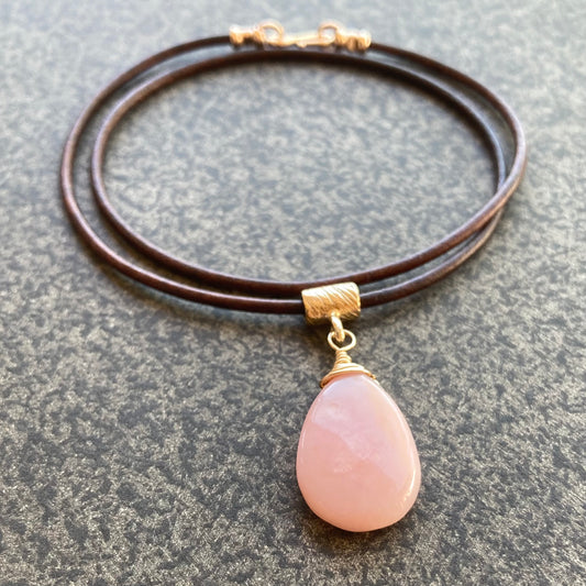 Pink Peruvian Opal & Bronze Leather Choker