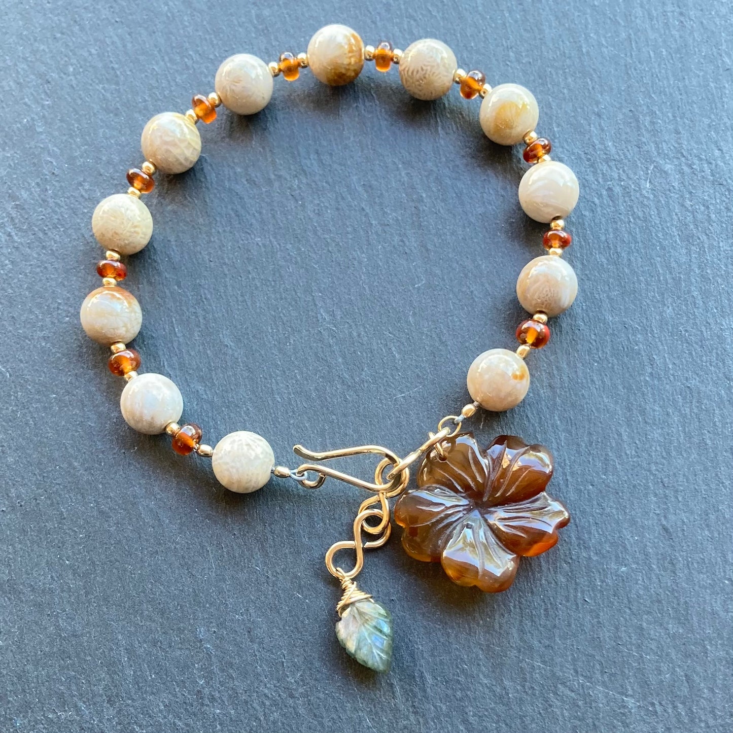 Fossil Coral, Carnelian & Gold Autumn Bloom Bracelet