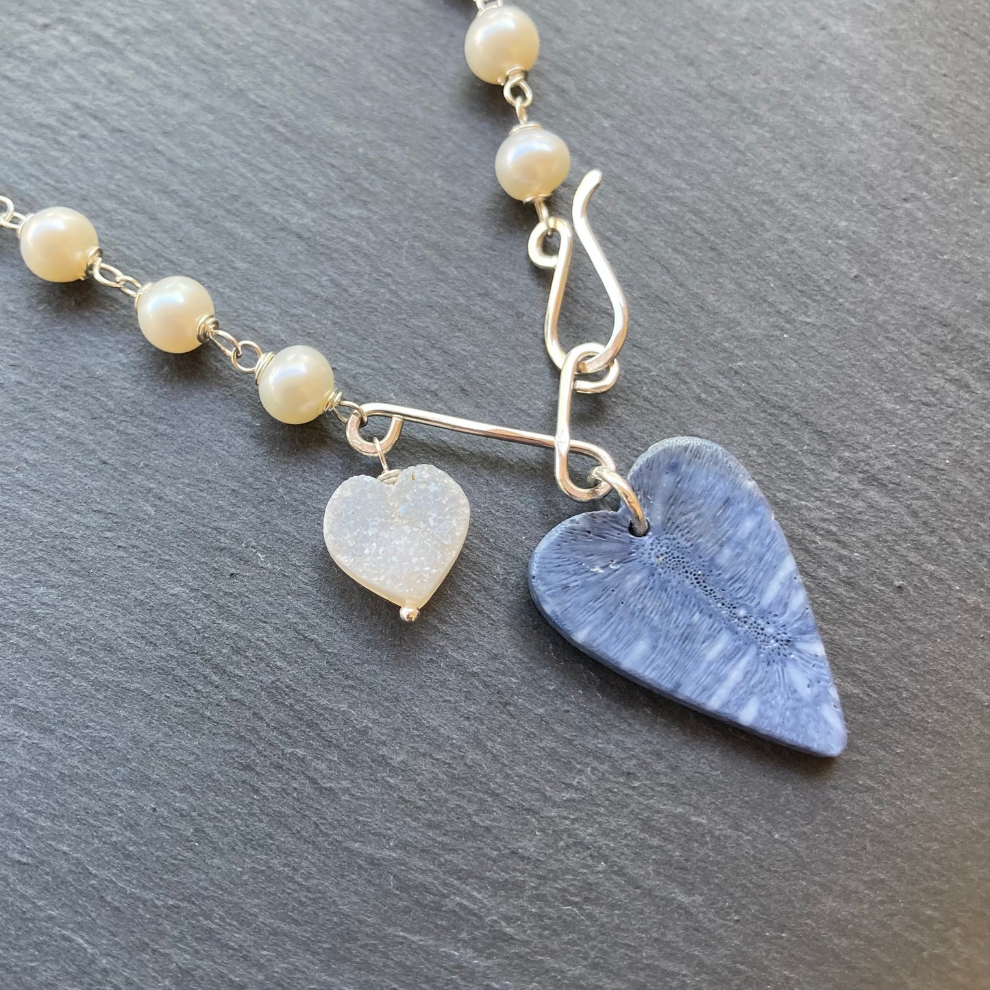 Freshwater Pearl, Sterling Silver & Blue Coral Heart Pendant Necklace