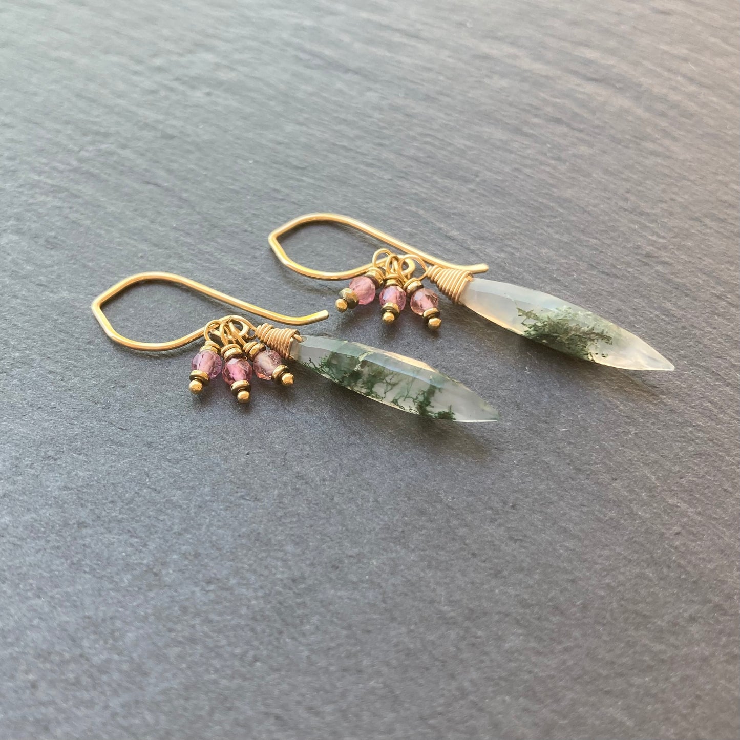 Moss Agate, Pink Tourmaline & Gold Marquis Earrings
