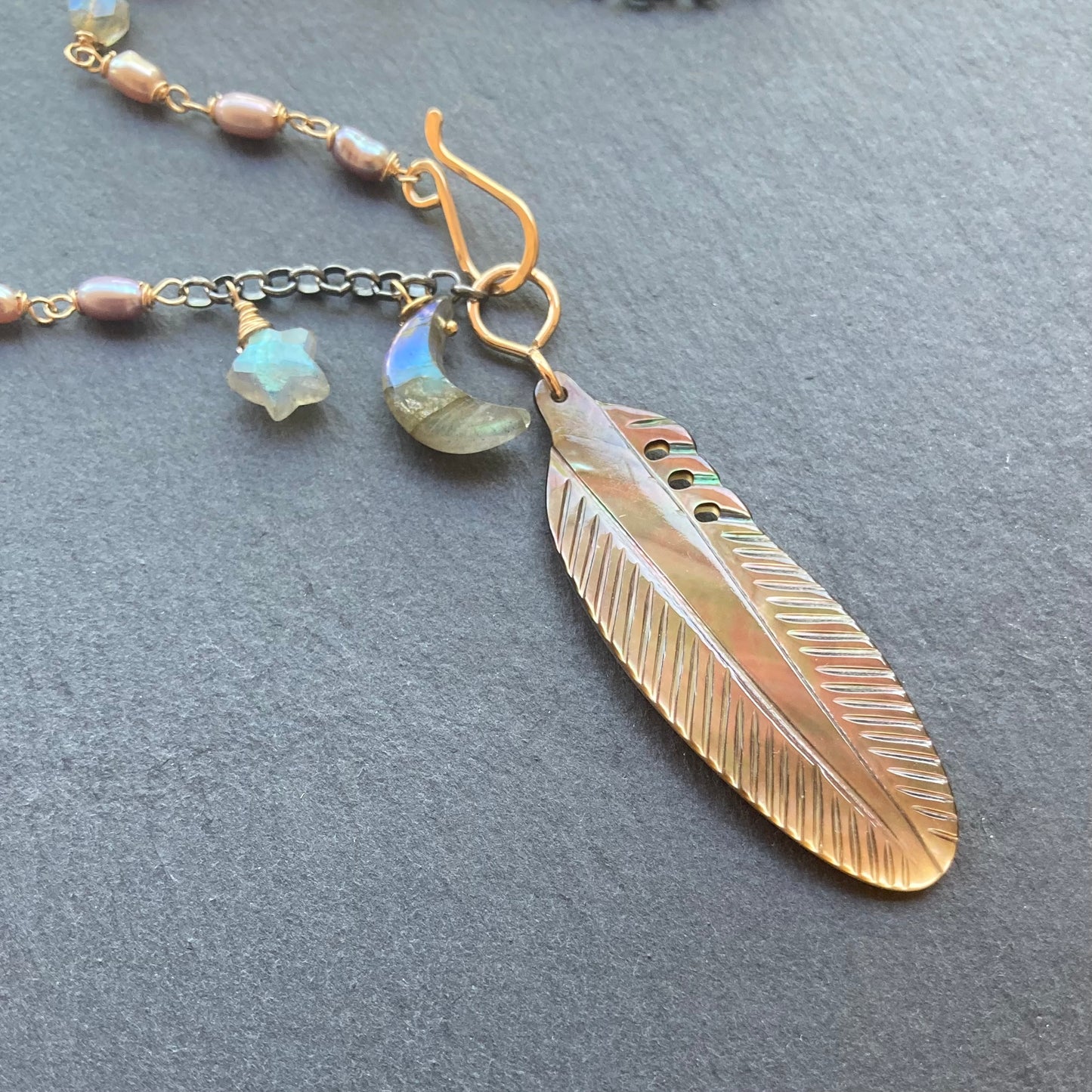 Black Mother of Pearl, Labradorite & Mixed Metal Crow Moon Necklace