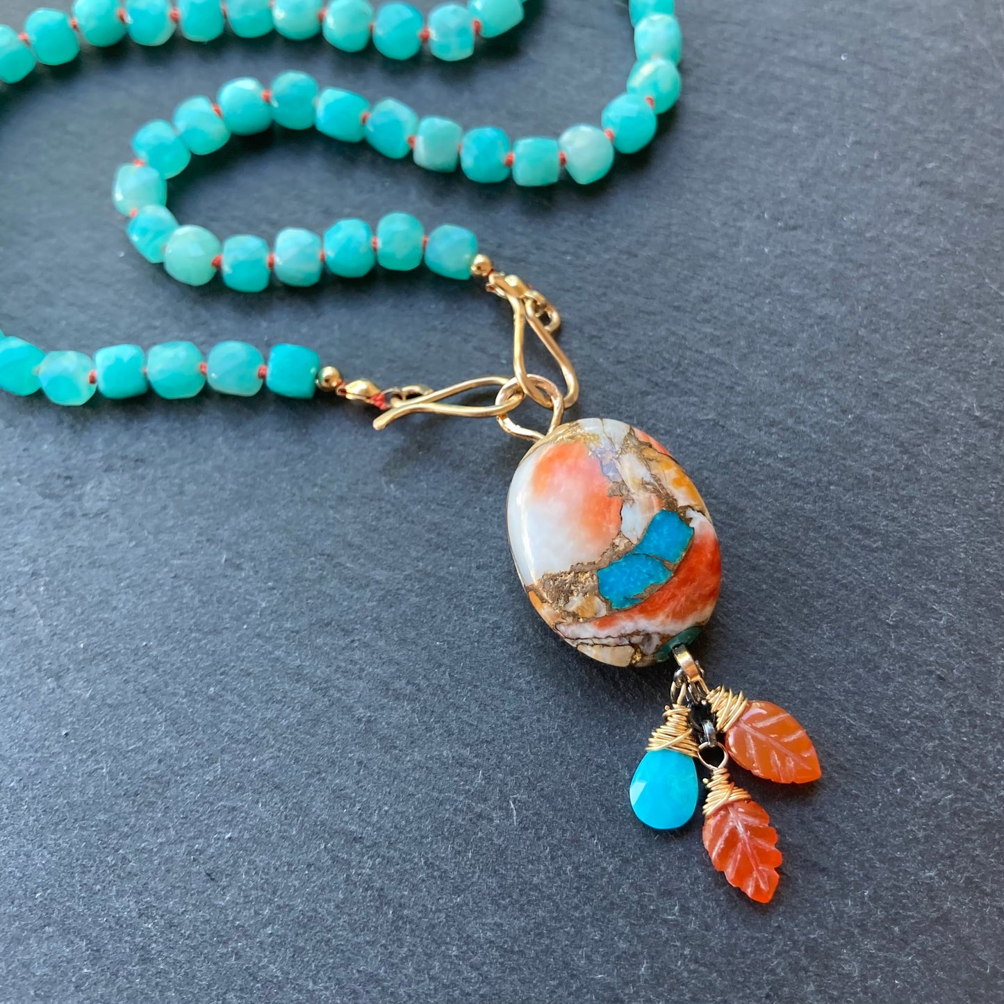 Amazonite Hand Knotted Coral Silk Necklace with Removable Kingman Turquoise & Spiny Oyster Pendant