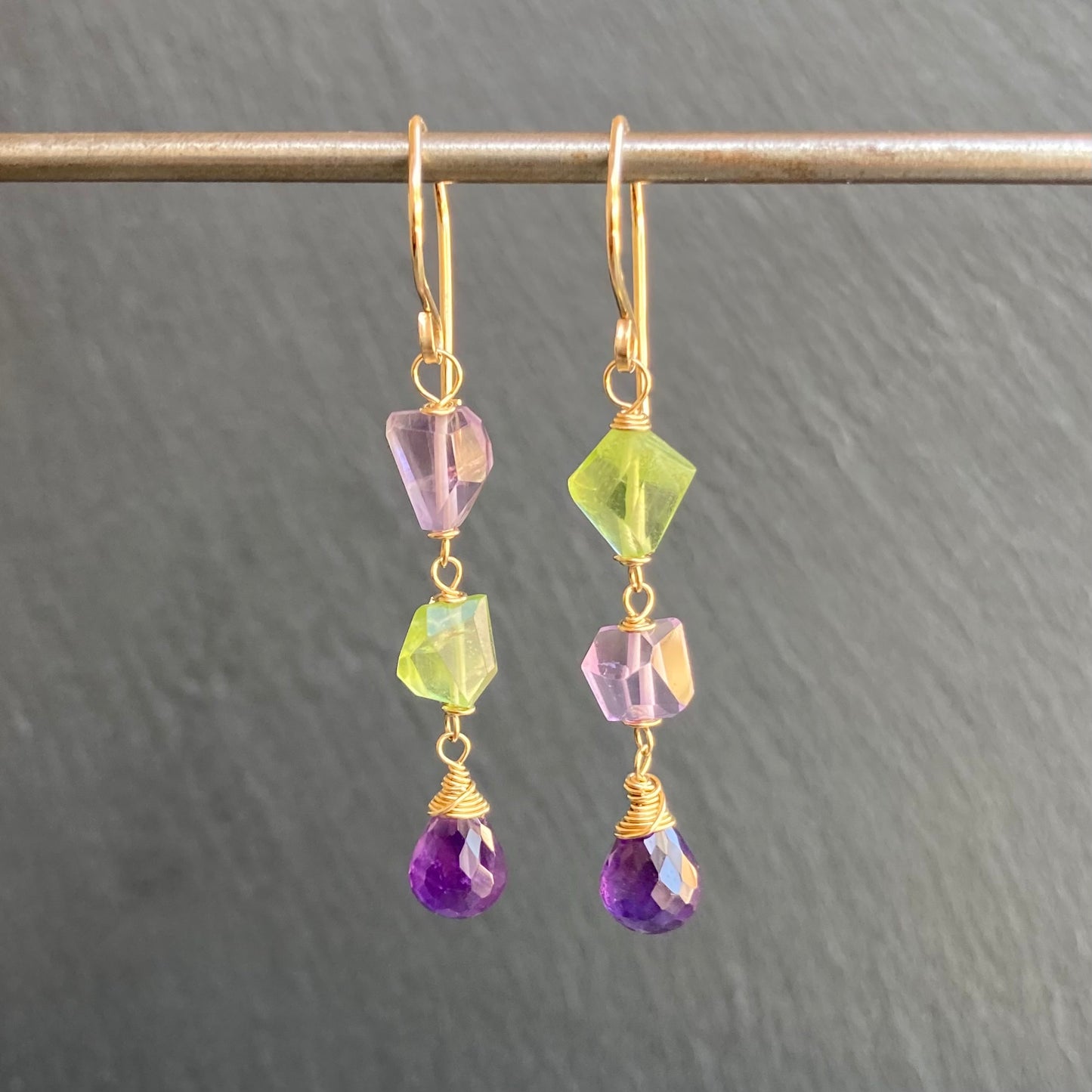 Amethyst, Peridot & Gold Long Drop Earrings