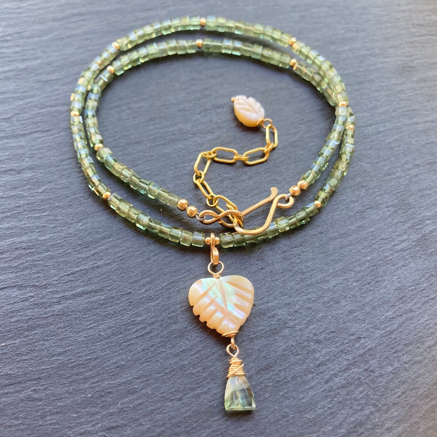 Mother of Pearl, Green Apatite & Gold Palm Heart Necklace
