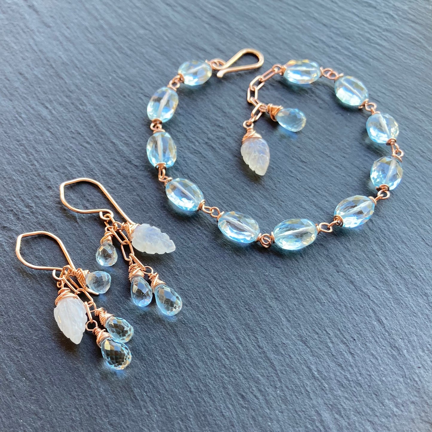 Blue Topaz, Rainbow Moonstone & Rose Gold Cascade Earrings