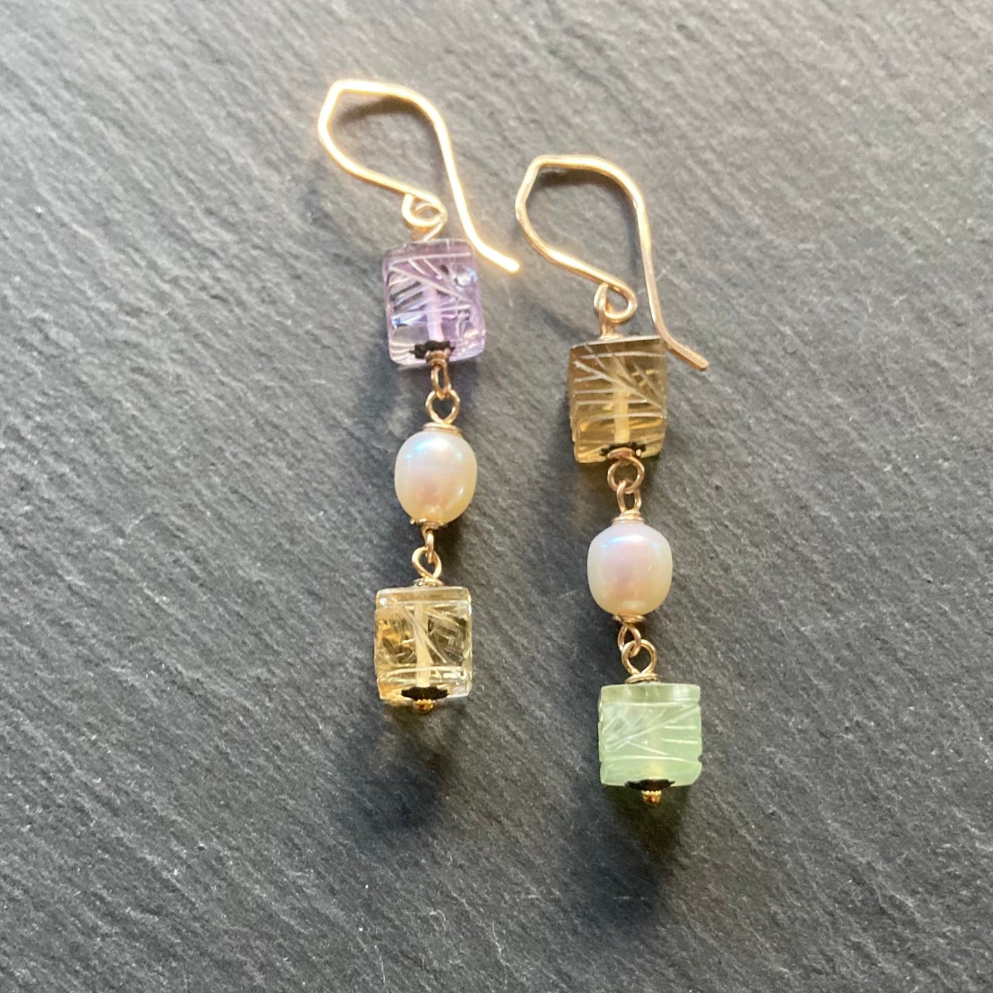 Multi Quartz, Freshwater Pearl & Mixed Metal Carved Lantern Earrings