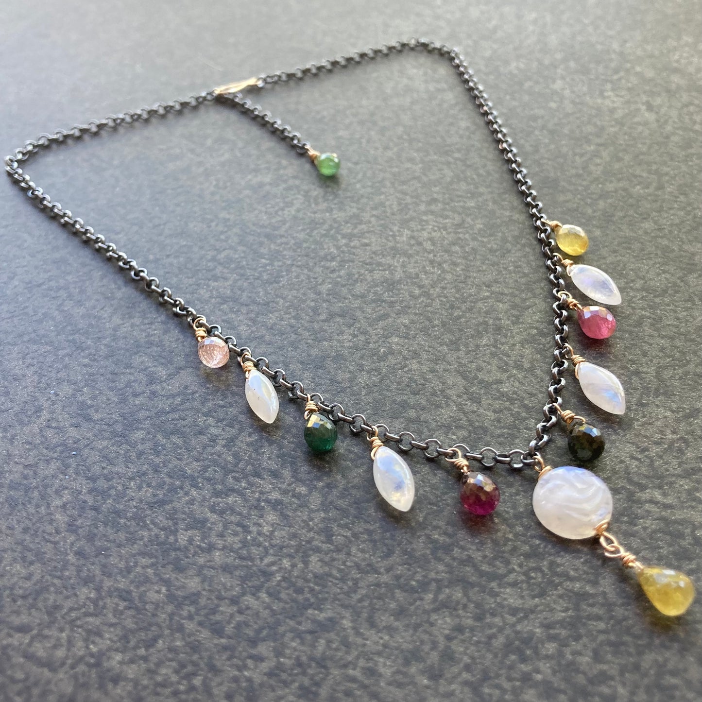 Rainbow Moonstone, Multicolor Tourmaline & Mixed Metal Full Moon Charm Choker