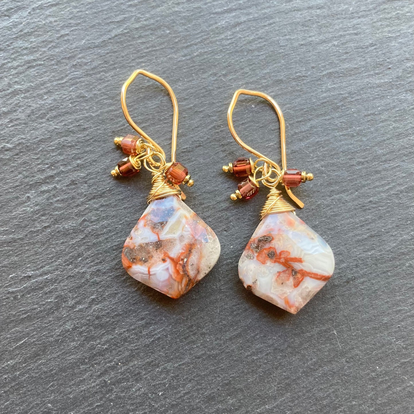 Crazy Lace Agate, Malaya Garnet & Gold Earrings