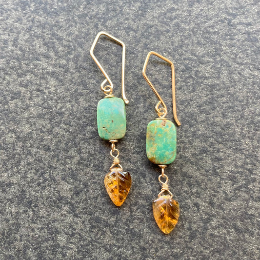 Green Turquoise, Brandy Citrine & Gold Earrings