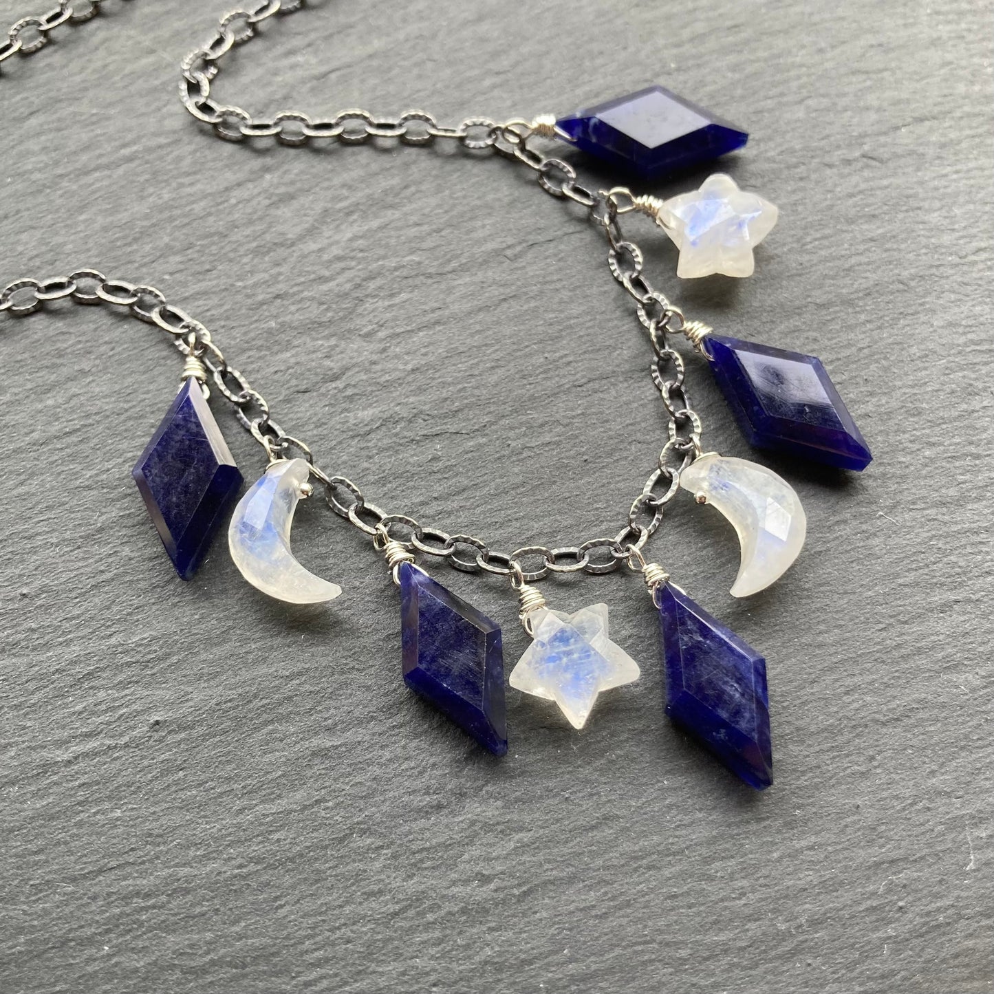 Rainbow Moonstone, Sodalite & Sterling Silver Alternate Universe Charm Choker