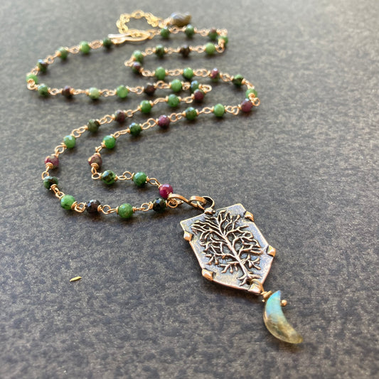 Ruby Zoisite, Gold & Bronze Tree of Life Moon Necklace