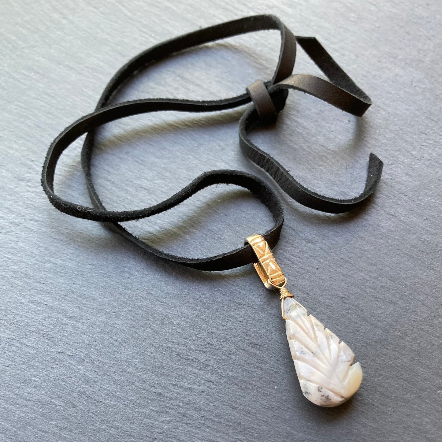 Dendritic Opal & Mixed Metal Deerskin Leather Choker