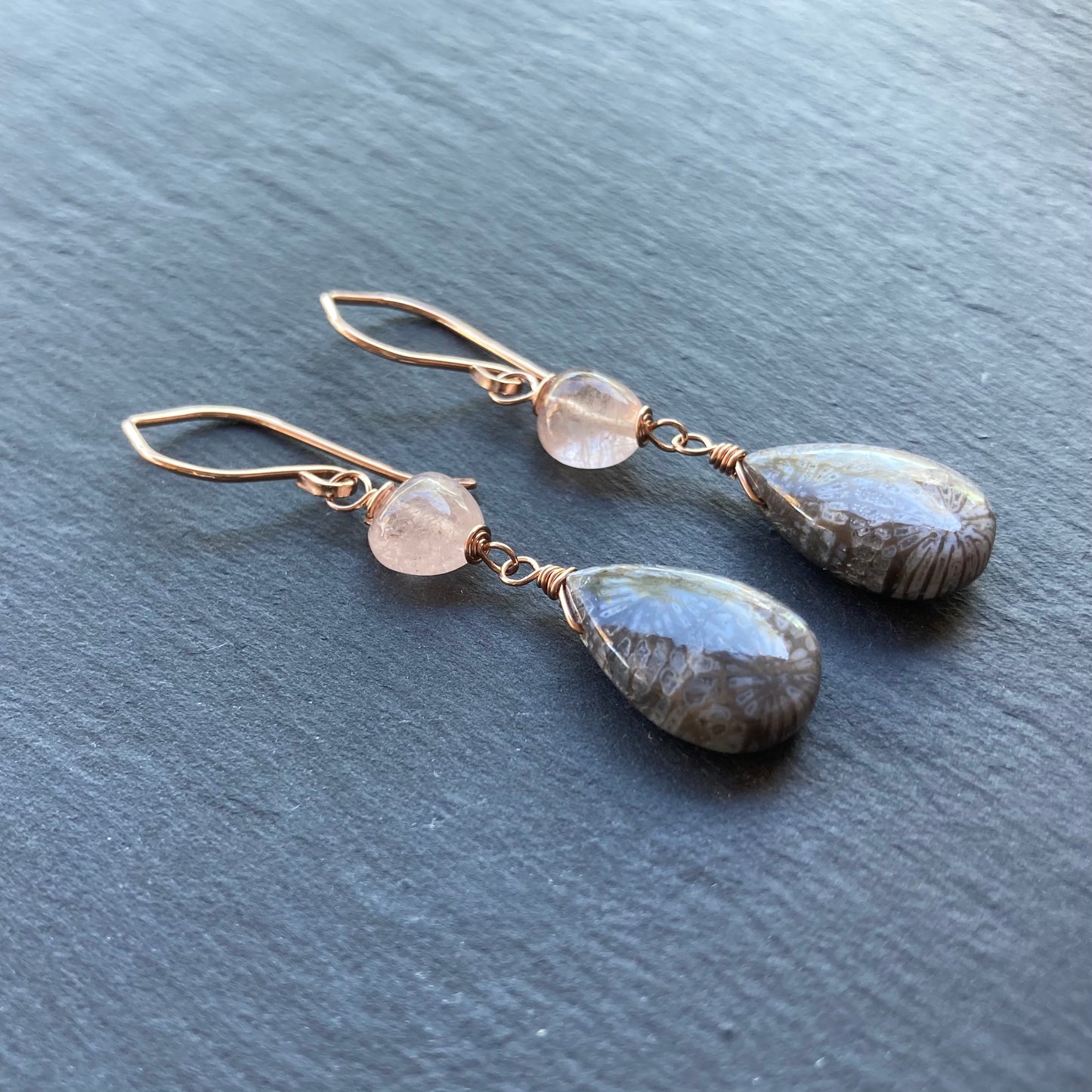 Fossil Coral, Morganite & Rose Gold Earrings