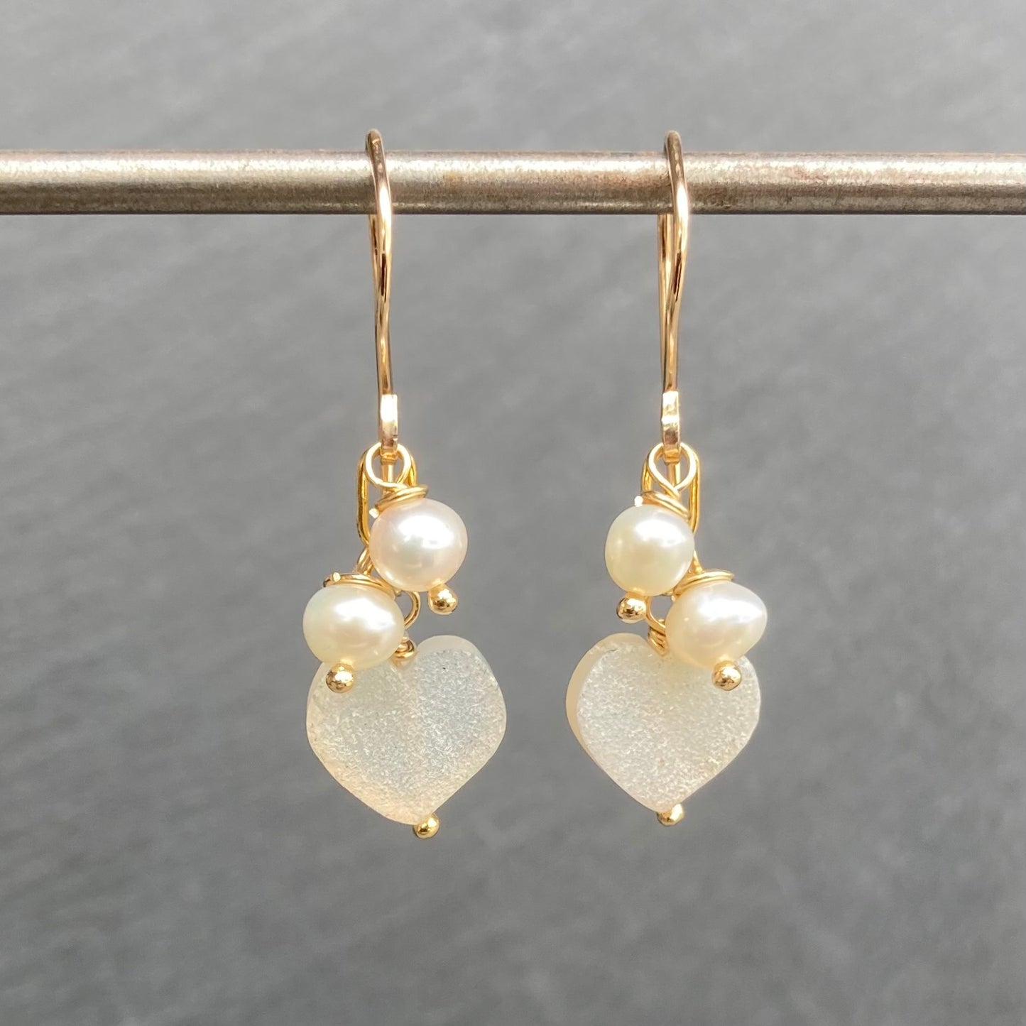 Freshwater Pearl, Druzy Heart & Gold Earrings
