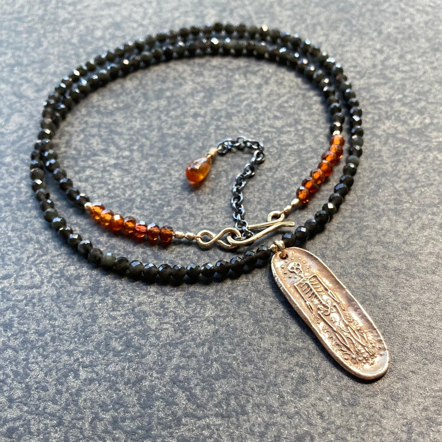 Rainbow Obsidian, Tundra Sapphire & Mixed Metal Memento Mori Necklace