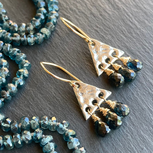 Moss Kyanite & Mixed Metal Triangle Fringe Earrings