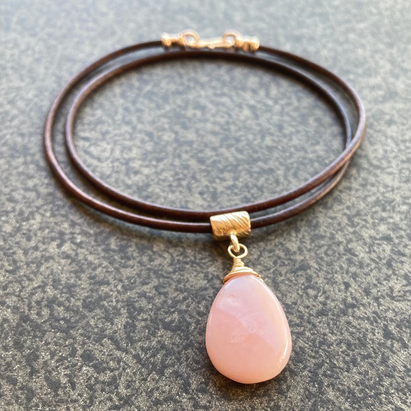 Pink Peruvian Opal & Bronze Leather Choker