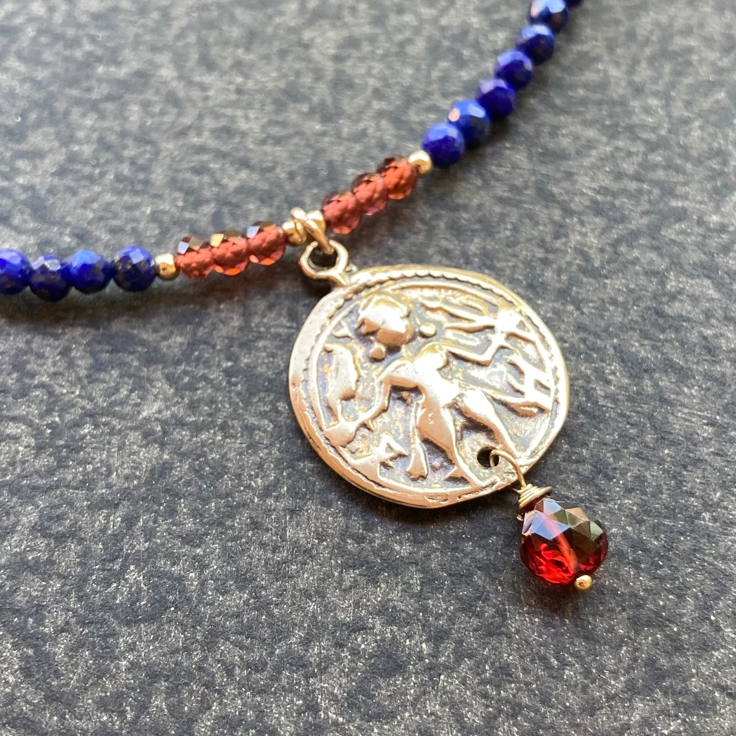 Lapis, Mozambique Garnet, Gold & Bronze Durga Warrior Goddess Necklace