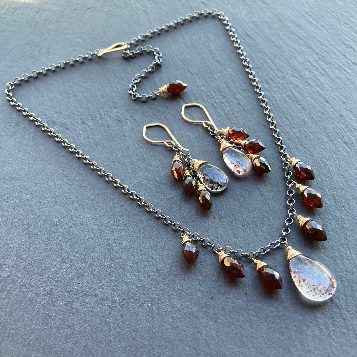 Lepidocrocite, Mozambique Garnet & Mixed Metal Cascade Earrings