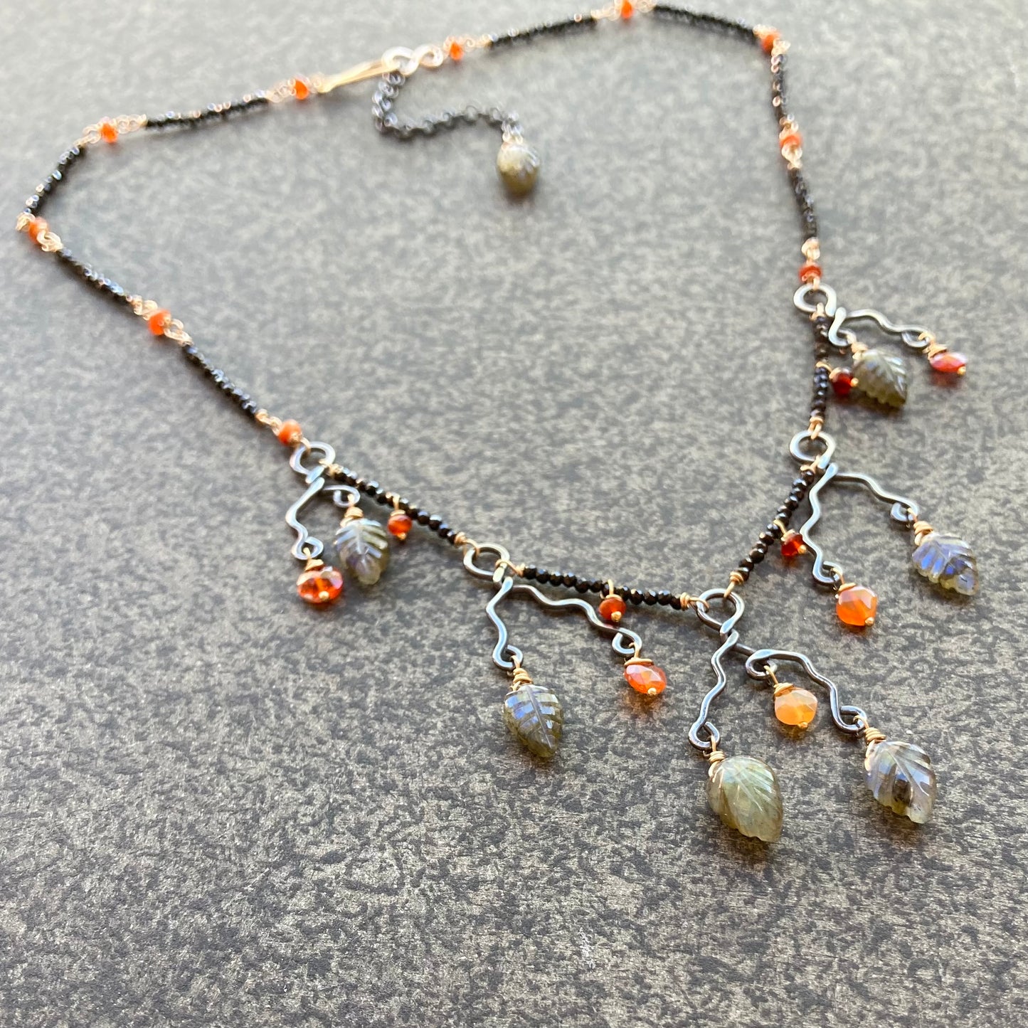 “Embers” Black Tourmaline, Fire Opal, Labradorite & Mixed Metal Necklace