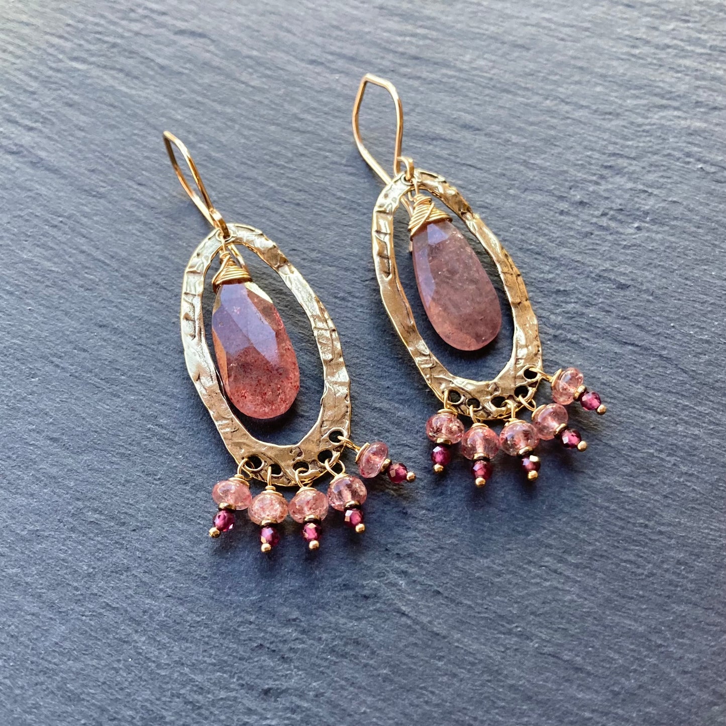 Strawberry Quartz, Gold & Bronze Fringe Hoops