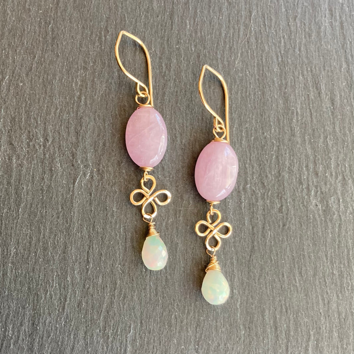 Kunzite, Ethiopian Opal & Gold Earrings