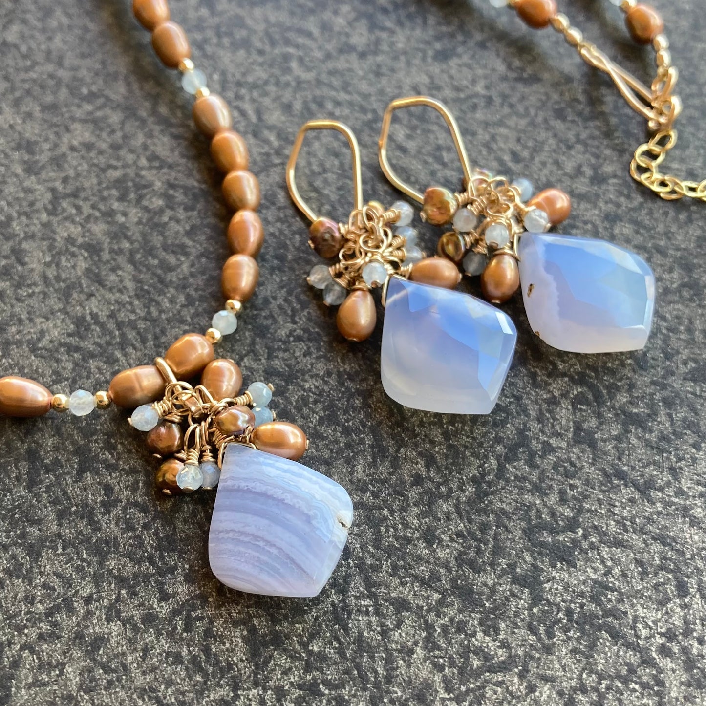 Blue Lace Agate, Copper Pearl & Aquamarine Pendant Necklace