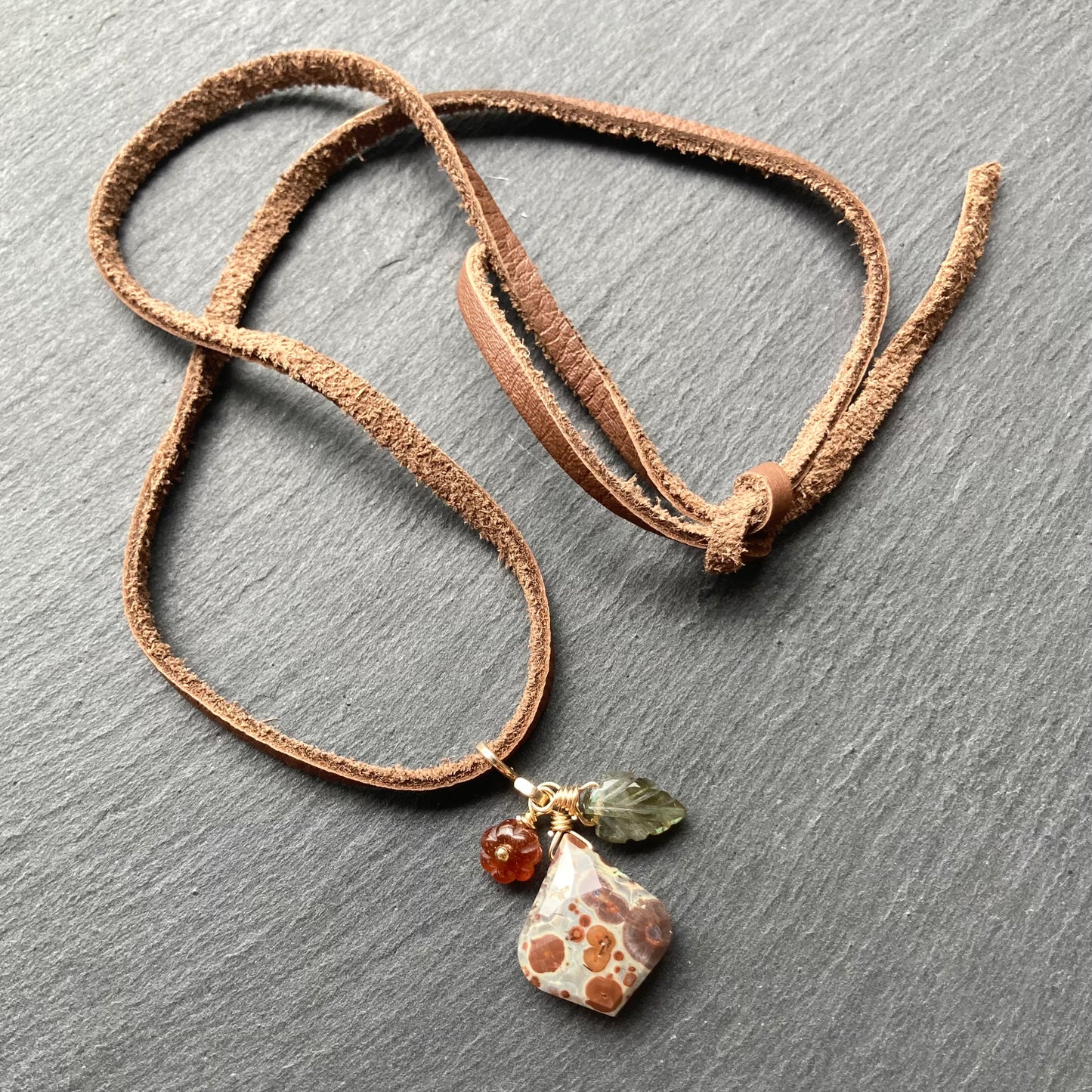 Asteroid Jasper, Hessonite Garnet & Gold Autumn Harvest Deertan Leather Choker