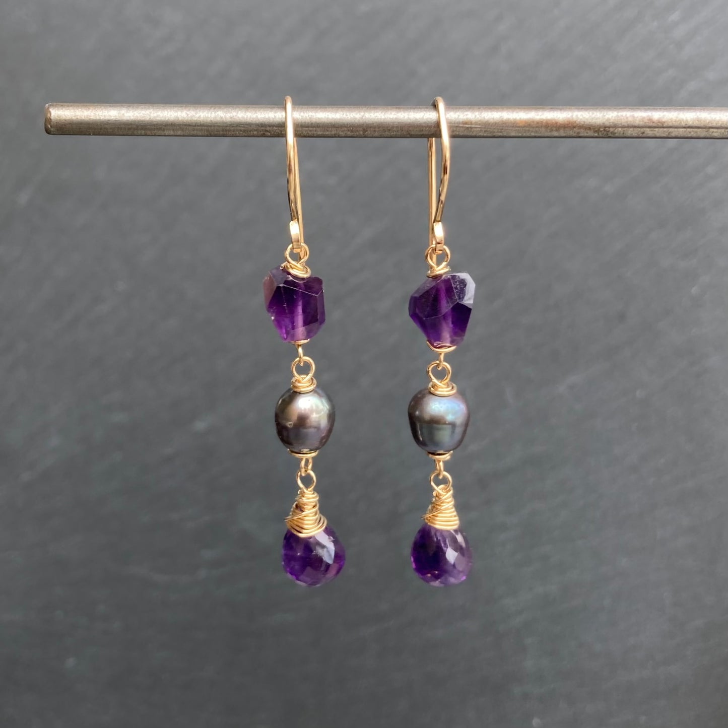 Amethyst, Peacock Pearl & Gold Earrings