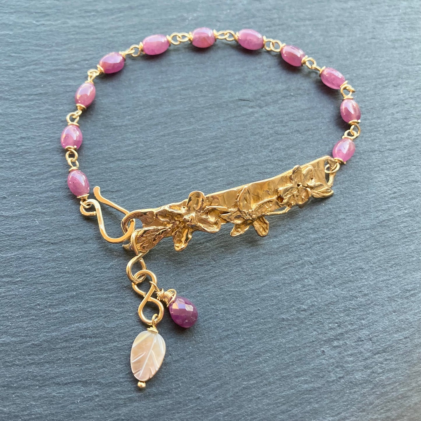 Natural Ruby, Gold & Bronze Floral Link Bracelet