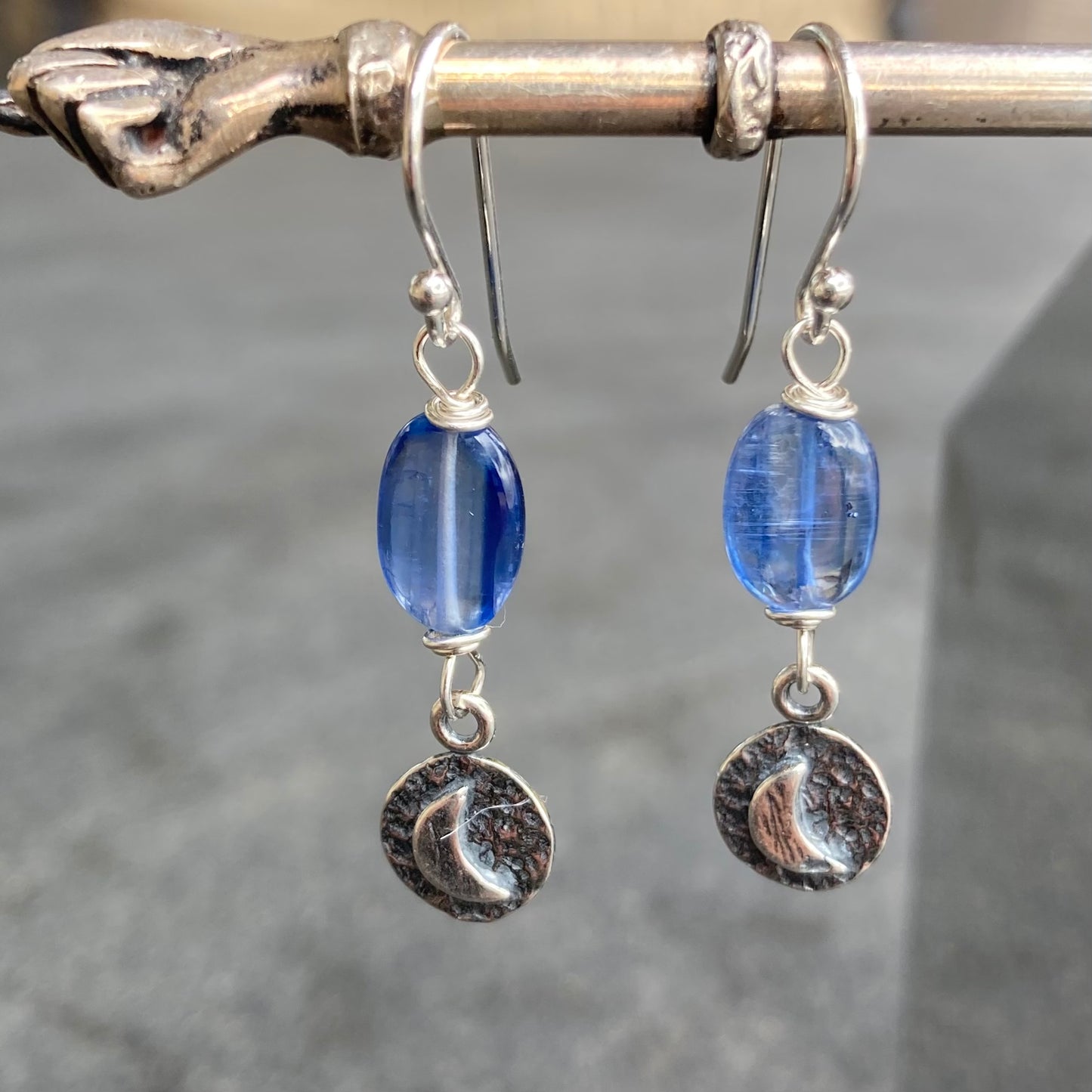 Blue Kyanite & Sterling Silver Moon Coin Earrings