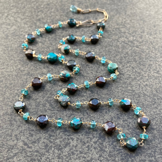 Shattuckite, Sky Blue Apatite & Gold Necklace