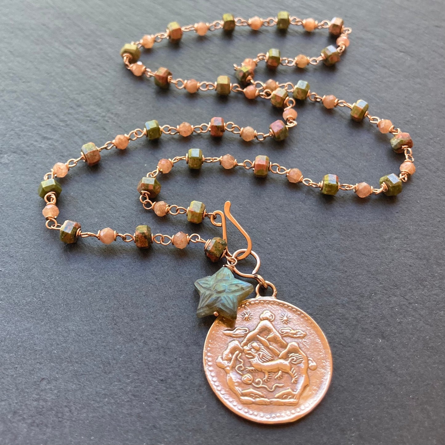 Unakite, Sunstone, Rose Gold & Red Bronze Tibetan Snow Lion Coin Necklace