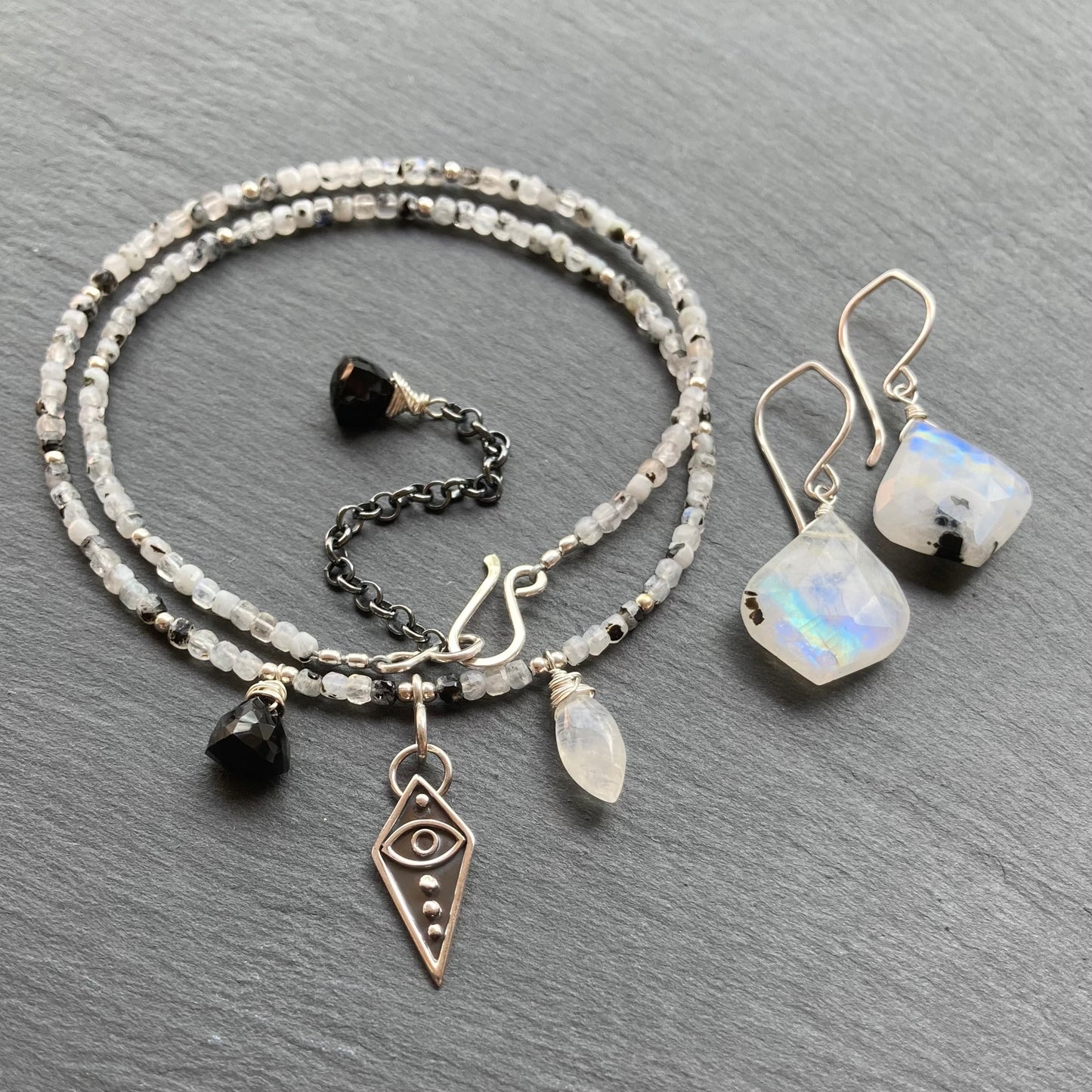 Tourmalinated Rainbow Moonstone & Sterling Silver Earrings