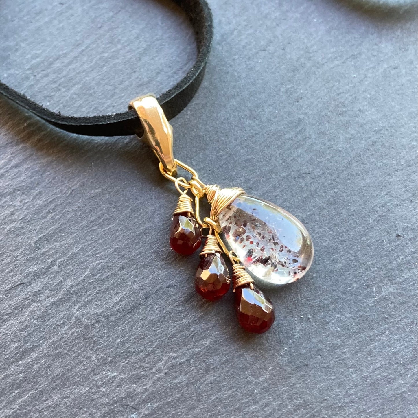 Lepidocrocite, Mozambique Garnet, Gold & Bronze Deertan Leather Choker