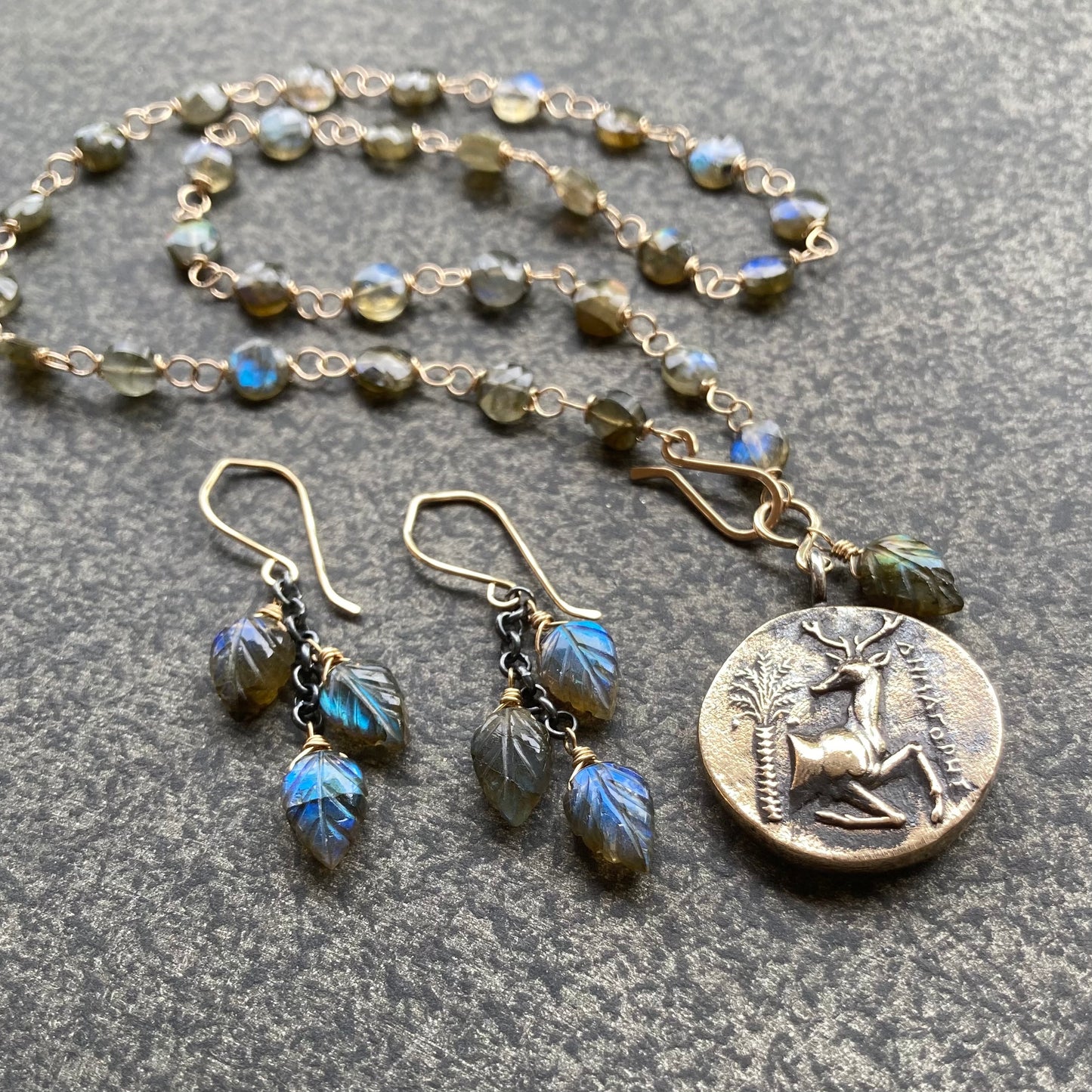 Labradorite & Mixed Metal Sacred Deer & Bee of Artemis Coin Choker