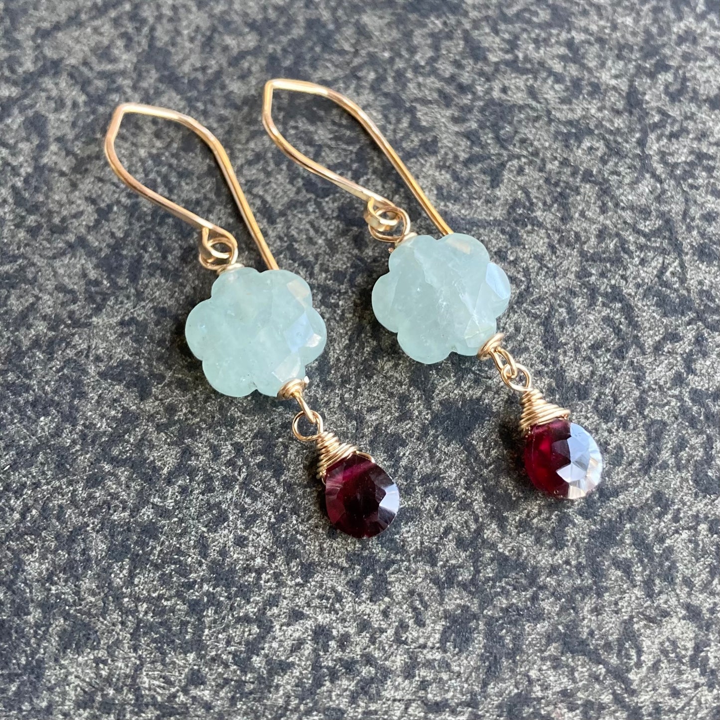 Aquamarine, Rhodolite Garnet & Gold Flower Drop Earrings