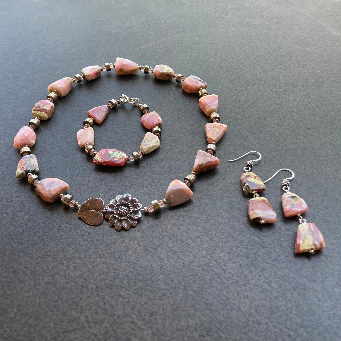 Peruvian Pink Opal & Pyrite Shibuichi Flower Collar