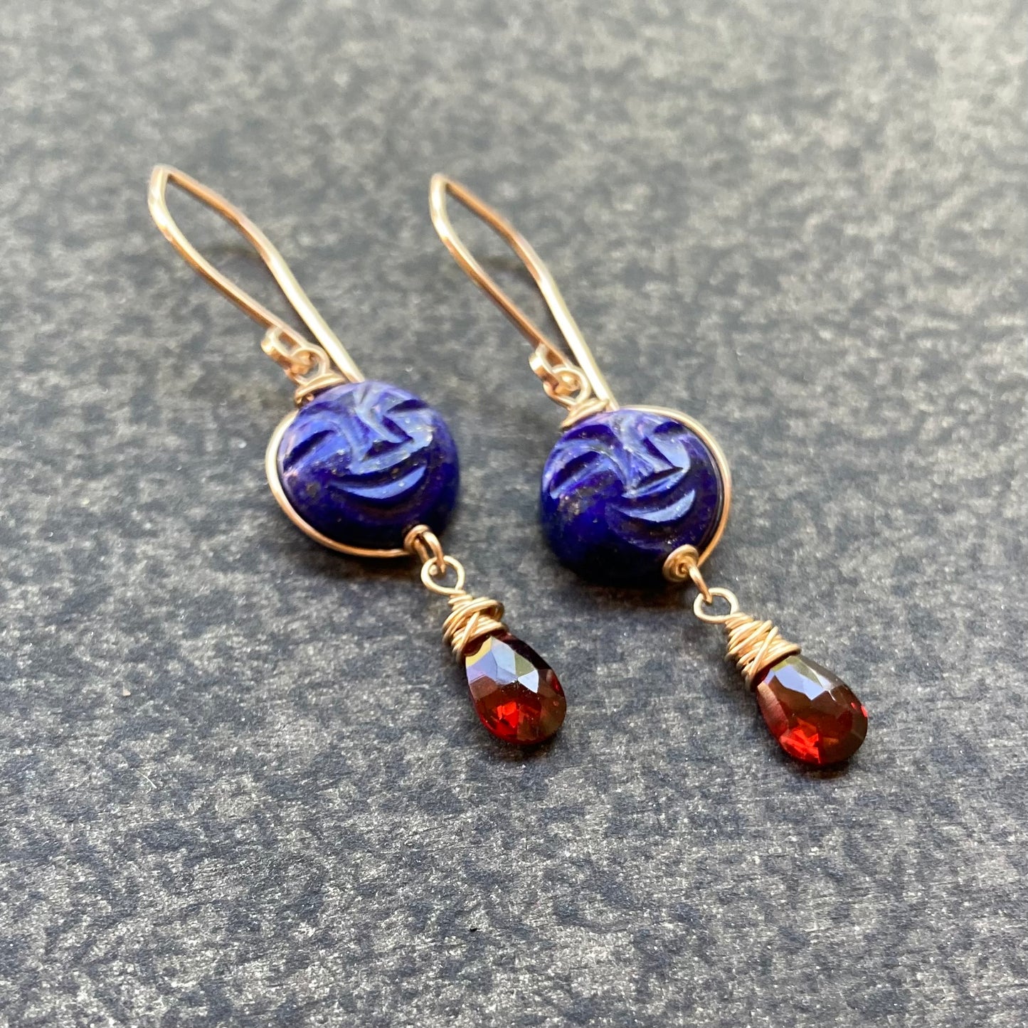 Lapis, Mozambique Garnet & Gold Full Moon Earrings