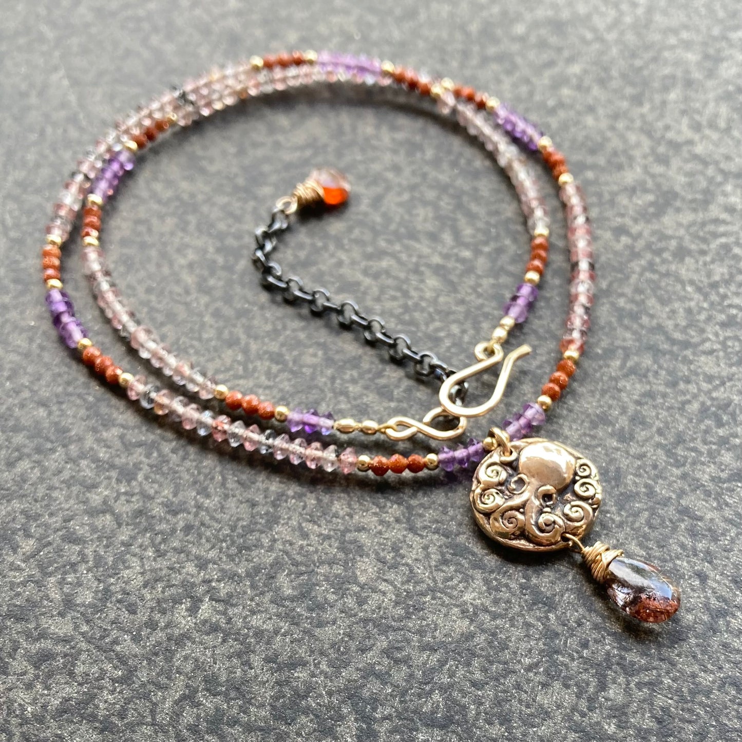 Cacoxenite, Amethyst & Mixed Metal Kraken Coin Necklace