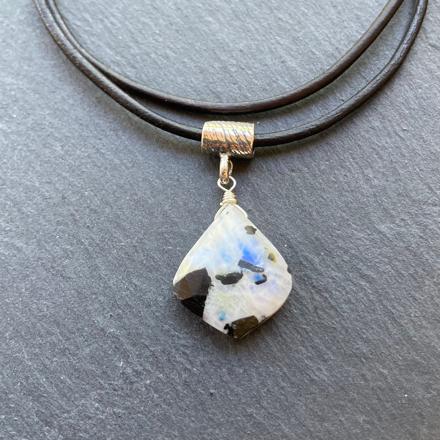 Tourmalinated Rainbow Moonstone & Sterling Silver Leather Choker